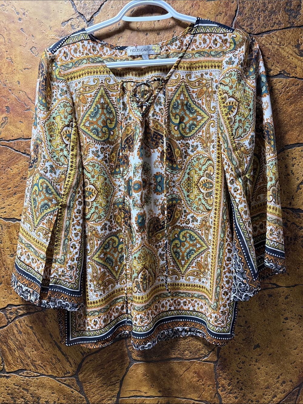 Tie-Neck Paisley Blouse in Mustard & Olive. # 6